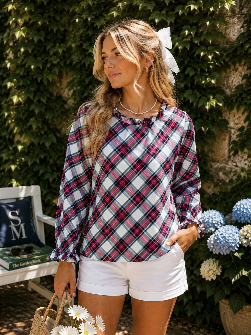 J. CREW FACTORY Red, White, and Blue Ruffle Hem Tartan Plaid Preppy Blouse, M